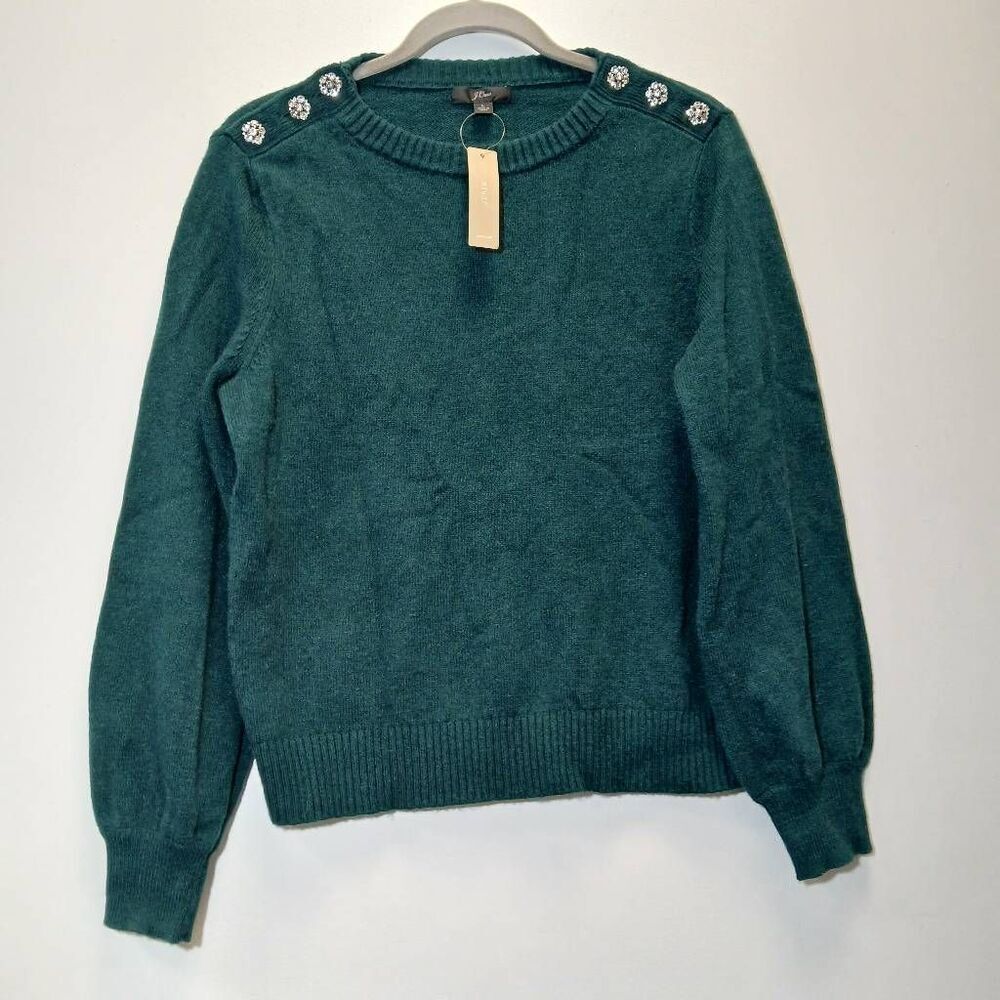 J.crew womens large teal green sweater wool jeweled shoulder pullover